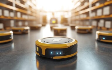 Futuristic warehouse interior with multiple yellow automated guided vehicles (AGVs) on the floor, surrounded by shelves, showcasing modern logistics
