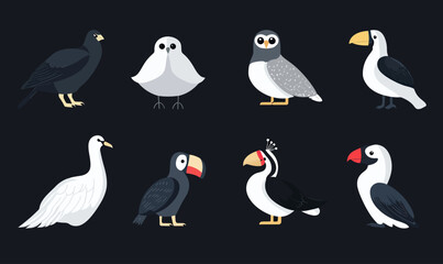 Fototapeta premium Set of minimalist flat vector bird icons including raven, snowy owl, barn owl, toucan, swan, puffin, hornbill, and black bird illustrations on dark background