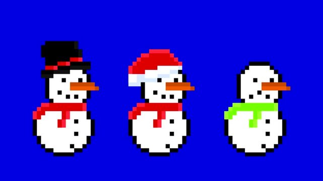 Pixel art animation of snowmen wearing Christmas outfits, scarves, and hats. Christmas, 32-bit.