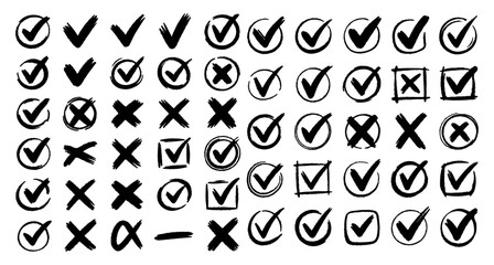 Check tick mark icon set. Cross box x check mark checkbox v list vector draw hand drawn sketch doodle brush marker checklist symbol wrong right circle. Vector Illustration ©  shammigraphix