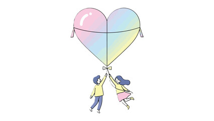 Love's Ascent: A whimsical illustration depicts two figures reaching for a heart-shaped object, symbolizing the elevation of love. Embracing themes of hope and dreams, with soft, pastel hues