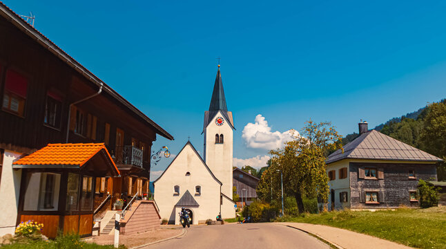 Church on a sunny summer day at Aach im Allgaeu, Oberstaufen, Oberallgaeu, Bavaria, Germany