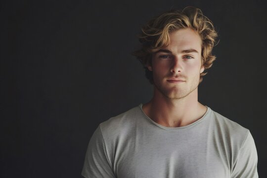 Man with blond wavy hair and blue eyes watching camera, posing for a casual headshot on a dark background