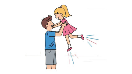 Joyful Father-Daughter Moment: A heartwarming illustration captures a tender interaction as a father joyfully lifts his daughter into the air, expressing the purest form of paternal affection.