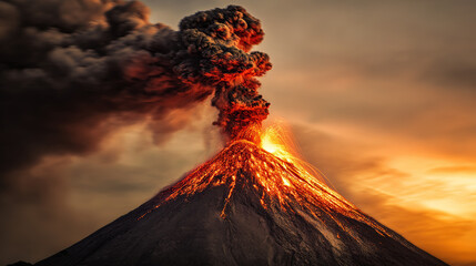 erupting. A powerful volcano erupting with lava and ash against the sky. ESG reports, sustainability campaigns, designed for sustainability communications and ESG reporting.