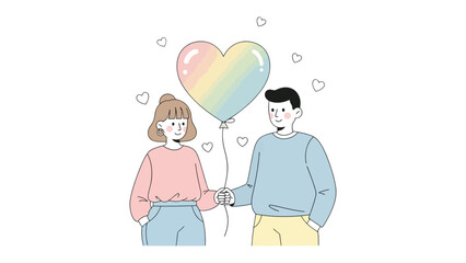 Love's Gentle Embrace: A sweet illustration captures a couple, their hands gently clasped, sharing a heart-shaped balloon, symbolizing a love as radiant and diverse as the colors of the rainbow.