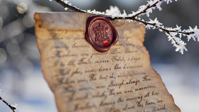 An extremely slow motion sway of heavy textured paper displaying illegible blurred script secured with a metallic wax seal hanging from a delicate frosted branch close up, breeze, antique