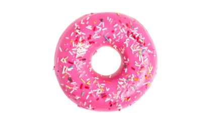 Pink frosted donut with colorful sprinkles isolated on transparent background