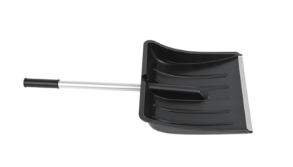 Black plastic snow shovel with metal handle isolated on black background