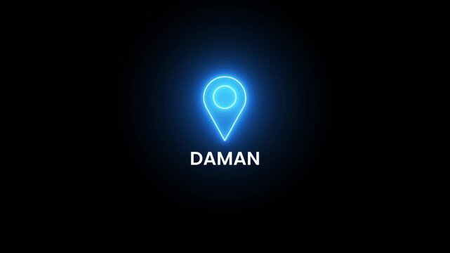 Daman location marker with neon pin symbol animation isolated on black background