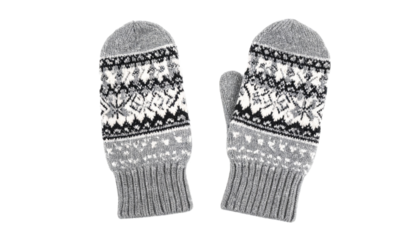 Pair of gray knitted mittens with snowflake pattern isolated on transparent background