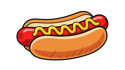 Cartoon Hot Dog with Mustard in Bun, Vector Illustration of a Classic Fast Food Meal