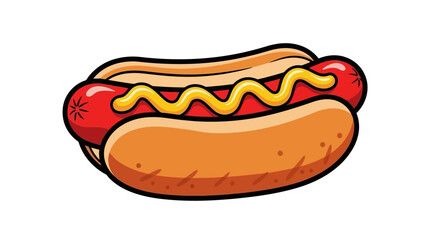 Vibrant Cartoon Hot Dog with Mustard Drizzle in a Bun, Delicious Fast Food Icon