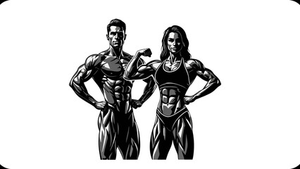 Muscular Bodybuilders, Male and Female, Posing Flexing Muscles in Silhouette Style