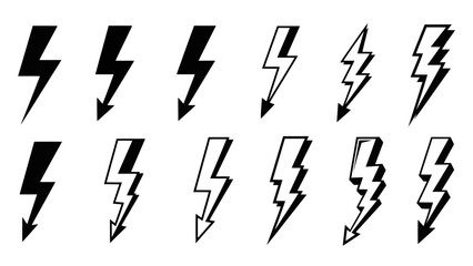 Collection of Lightning Bolt Icons and Symbols in Black and White Vector Style