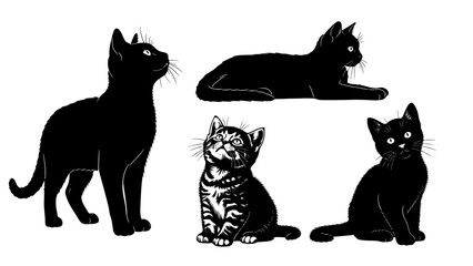 Collection of Black Cat Silhouettes in Various Poses on White Background