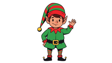 Cute Cartoon Elf Waving Hand Wearing Red and Green Striped Hat and Outfit