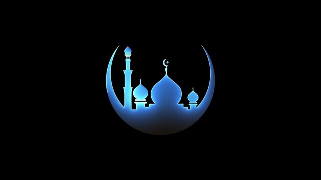 Glowing mosque and crescent moon outline on black background religious Ramadan Kareem Mubarak Eid al fiter ache Islamic new year
