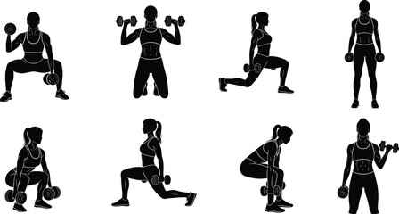 Black Silhouette Set of Women Exercising with Dumbbells Vector Illustration, Various Fitness Workout Poses for Gym, Sport, Training, Weightlifting, and Healthy Lifestyle Content.