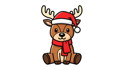 Cute Cartoon Christmas Reindeer Wearing Santa Hat and Scarf Sitting