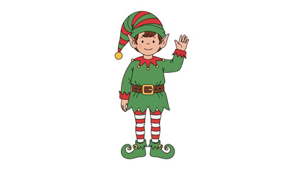 Cute Christmas Elf Waving Hello in Festive Green and Red Outfit Vector