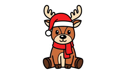 Cute Cartoon Reindeer Wearing Santa Hat and Scarf, Festive Christmas Character Illustration