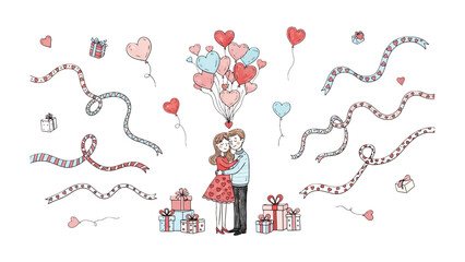 Embracing Love: a tender depiction of two figures entwined, enveloped by an array of symbols that radiate affection and tenderness. A celebration of a deep connection.