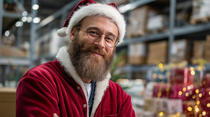 Cheerful bearded man in red suit and glasses standing in front of large gift warehouse, preparing for Christmas delivery, organized shelves, with copy space