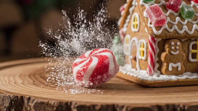 An individual striped red and white peppermint candy is gently dropped in extreme slow motion onto the wooden plate base next to a finished gingerbread house individual, An, gravity