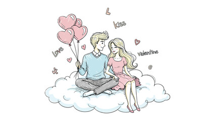 Sweetheart Cloud: A charming sketch of a couple, seated on a cloud, surrounded by heart balloons, and affectionate words that creates a feeling of connection and love.