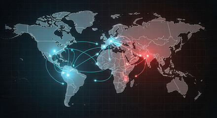 Global network connections visualized with glowing lines across a world map, representing international business and data flow