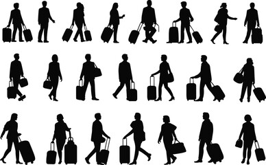 Collection of traveler silhouettes walking with suitcases and bags, illustrating airport passengers, tourism movement, transportation, and modern travel lifestyle concepts