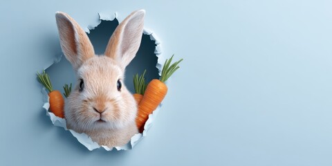Cute rabbit peeking through torn blue paper with fresh carrots for spring and playful imagery