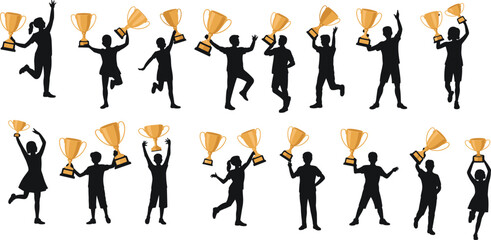 Joyful celebrating children holding golden trophies in dynamic silhouette poses, symbolizing achievement, success, teamwork, motivation, and inspirational youth accomplishments.
