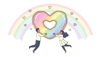 Fototapeta premium A Rainbow of Love: A couple embraces the symbolism of love, cradling a heart-shaped, rainbow-colored treat under a pastel rainbow arch. The scene evokes feelings of love, joy.