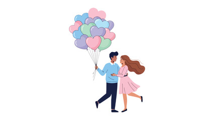 Sweethearts' Serenade: A tender moment unfolds as a couple embraces, the man offering a bouquet of pastel heart balloons, symbolizing love and togetherness. 