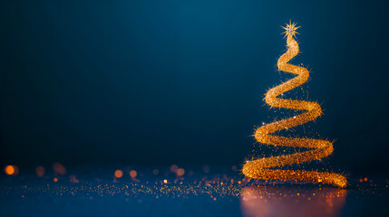 Obraz premium A sparkling golden spiral christmas tree ornament reflecting on a dark surface with a bokeh background creating a festive holiday atmosphere