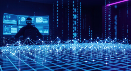 Futuristic hacker analyzing data streams amidst glowing digital network and binary code, intense focus on cybersecurity and AI