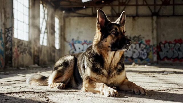 An isolated canine companion sitting patiently, slowly turning its head and observing the quiet, gritty environment environment, slow motion, vulnerable