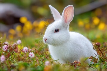Obraz premium cute bunny rabbit, white, sitting in grass, spring flowers, easter symbol