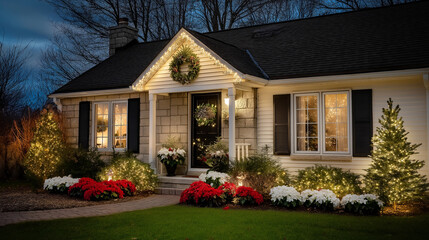 Fototapeta premium Small American house beautifully decorated for Christmas, festive outdoor lighting and ornaments, cozy holiday home exterior, with copy space