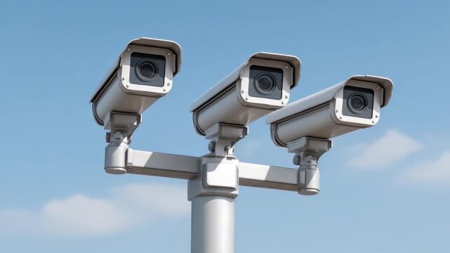 Security Cameras Mounted on Pole Against Clear Blue Sky, Surveillance and Protection Concept 4k video footage