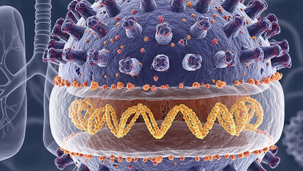 Precision 3D rendering of virus, showing intricate genetic structure and organism threat