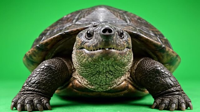 An isolated large snapping turtle sitting completely still on a bright green screen background with its head slightly extended, ready for digital compositing movement potential, chroma key, turtle