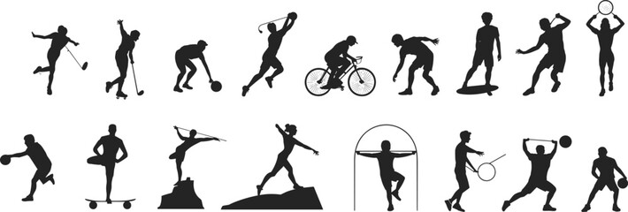 Silhouettes of people performing various sports and fitness activities, showcasing athletic movement, training, strength, balance, coordination, and active healthy lifestyle concepts.