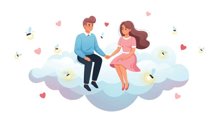 Fototapeta premium Dreamy Couple's Cloud: A charming couple sits hand-in-hand atop a fluffy cloud, encircled by floating hearts and twinkling lights. It's a whimsical, romantic illustration perfect for conveying love.