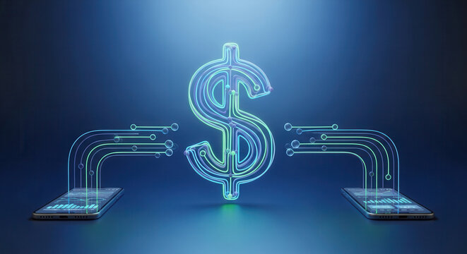 Dynamic digital dollar sign connects modern smartphones displaying financial data analytics for global finance and investment growth - Powered by Adobe