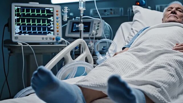 A cinematic ICU environment centered on medical equipment with a blurred patient silhouette. Perfect for hospital-related visuals without violating sensitive content guidelines.