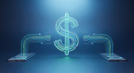 Dynamic digital dollar flowing from smartphones, representing modern finance and technological transactions seamlessly integrated for growth and investment