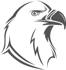 A black and white drawing of an eagle with its head turned to the side